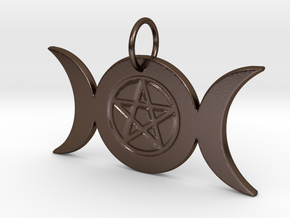 Triple Moon Pentacle Pendant - pie slice bail in Polished Bronze Steel