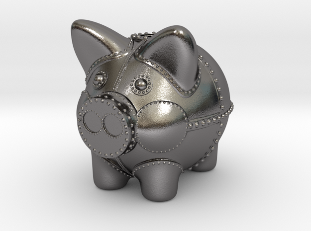 Steampunk Piggy Bank 6 inch tall in Polished Nickel Steel