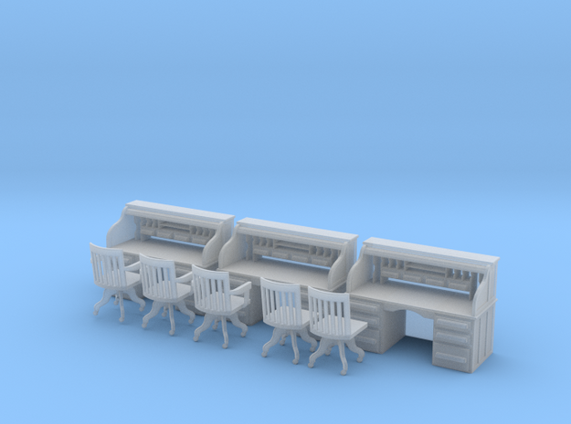 Rolltop Desks (x3) with Chairs O Scale 1/48 in Smooth Fine Detail Plastic