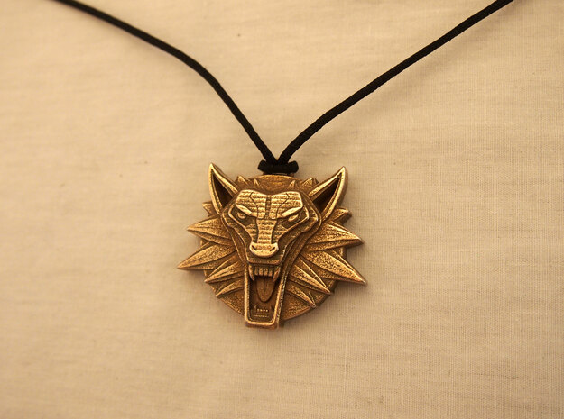 Two Sided Wolf Head Medallion Pendant in Polished Bronzed Silver Steel