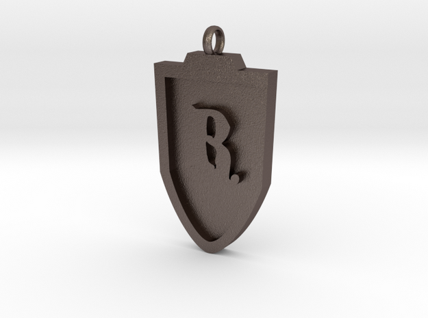 Medieval R Shield Pendant in Polished Bronzed Silver Steel