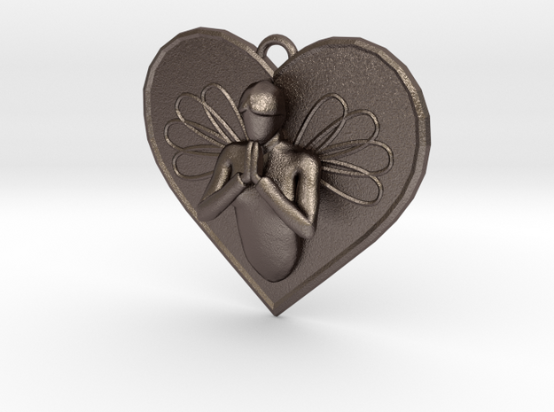 Praying Angel Heart Pendant in Polished Bronzed Silver Steel