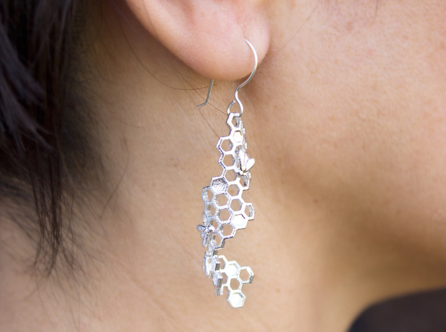 Bees and Honeycomb Earrings in Natural Silver
