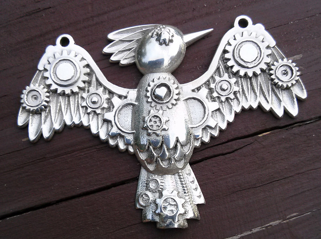 Steampunk Bird Pendant in Polished Silver