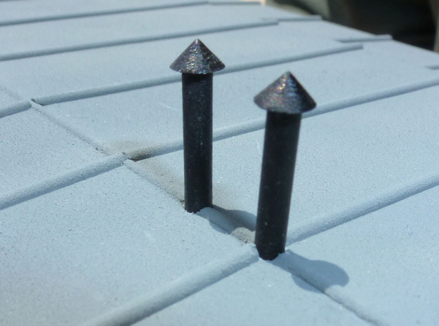 chimney & conical cowl x6.  1:43, 0 gauge.  Chimne in Tan Fine Detail Plastic