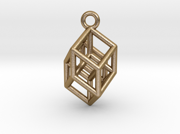 Hypercube Tesseract Pendant in Polished Gold Steel
