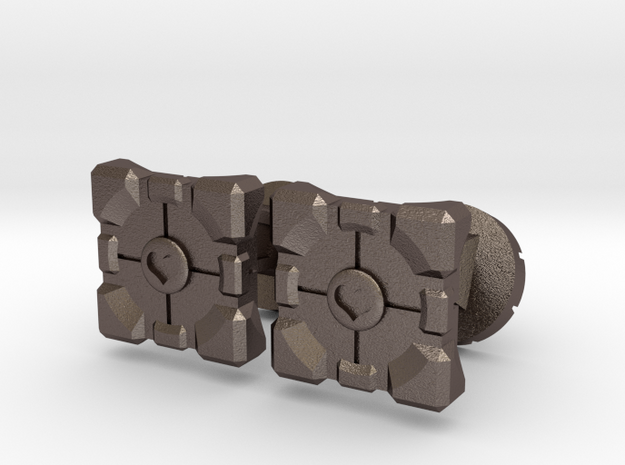 Portal companion cube cufflinks in Polished Bronzed Silver Steel