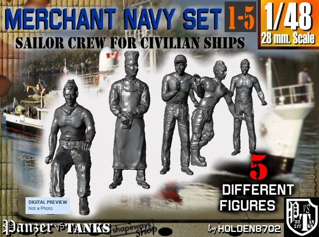 1-48 Merchant Navy Crew Set 1-5 in Tan Fine Detail Plastic