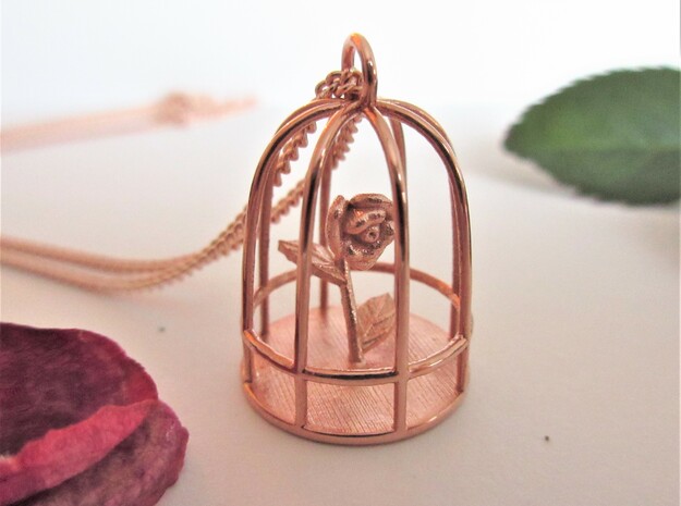 Beauty & the Beast inspired Rose In Cage Pendant in 14k Rose Gold Plated Brass