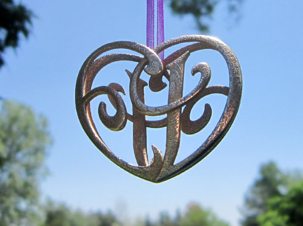 Scripted Initials 3d Heart - 4cm in Polished Bronzed Silver Steel
