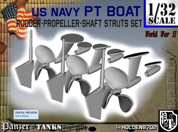 1-32 PT Elco Rudder-Propeller-Shaft Strut Set1 in Tan Fine Detail Plastic