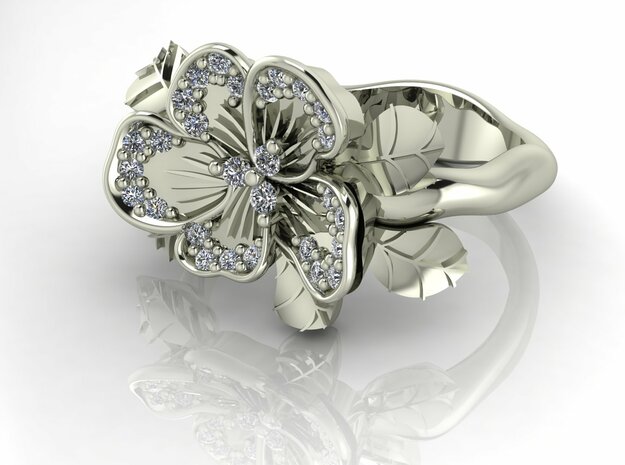 Petal flower with leaves NO STONES  in Fine Detail Polished Silver