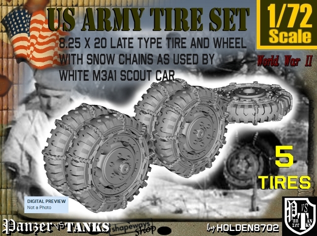 1-72 8-25x20 Late Tire Snow Chain White Scout Car  in Smoothest Fine Detail Plastic