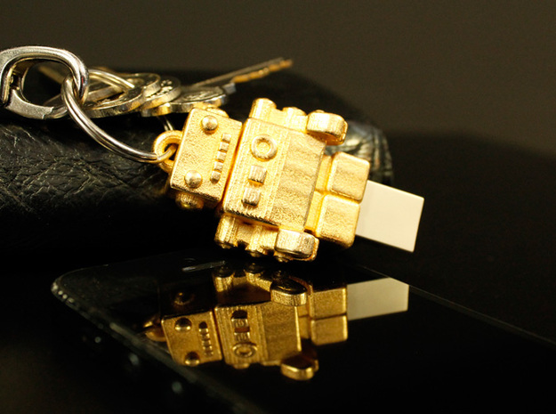 Gold USB Robot Drive, "Bling Bob" in Polished Gold Steel