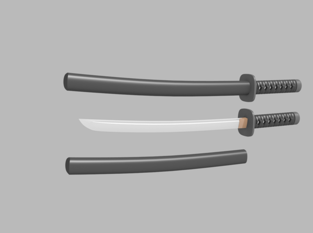 Wakizashi - 1:6 scale - Curved Blade - Tsuba in Tan Fine Detail Plastic