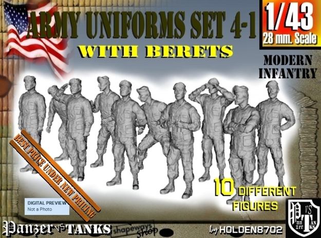 1-43 Army Modern Uniforms BERETS Set 4-1 in Tan Fine Detail Plastic