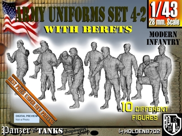 1-43 Army Modern Uniforms BERETS Set 4-2 in Tan Fine Detail Plastic