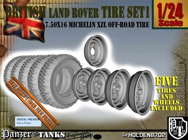 1-24 Land Rover 750x16 Tires And Wheels Set1 in Tan Fine Detail Plastic
