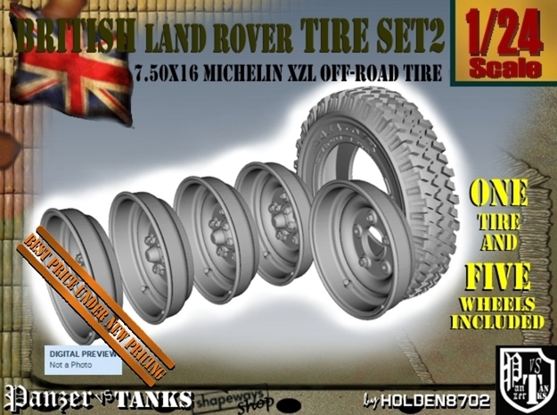 1-24 Land Rover 750x16 Tire And Wheels Set2 in Tan Fine Detail Plastic