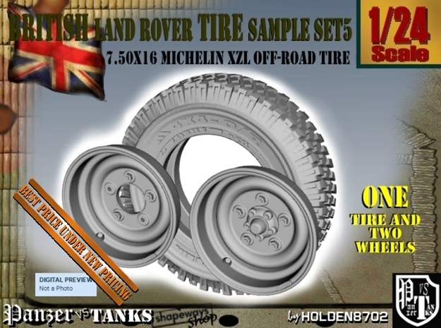 1-24 Land Rover 750x16 Tire And Wheels Sample Set5 in Tan Fine Detail Plastic