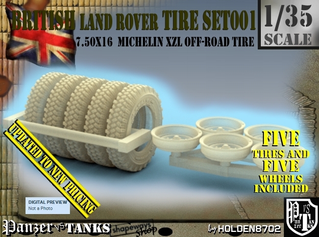 1/35 Land Rover 750x16 Tires And Wheels Set001 in Tan Fine Detail Plastic