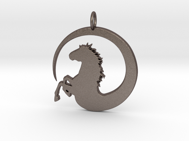Pretty Horse In Circle Pendant Charm in Polished Bronzed Silver Steel