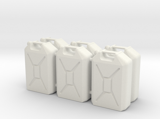 Six 1/16 scale 20L Jerrycans in White Natural Versatile Plastic