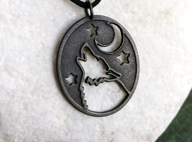 Wolf and moon pendant (steels) in Polished and Bronzed Black Steel