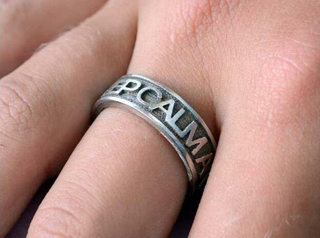 Size 11 Steel Ring "KEEP CALM & CARRY ON" in Polished Bronzed Silver Steel