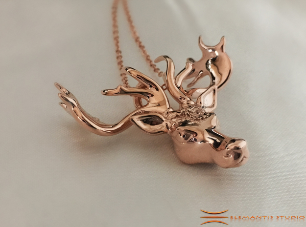 Mistletoe Reindeer Pendant/ Ornament in 14k Rose Gold Plated Brass: Small