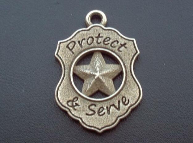 Police Badge Pet Tag / Pendant / Key Fob in Polished Bronzed Silver Steel