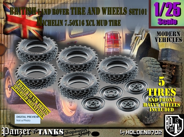 1/25 Land Rover XCL 750x16 Tire and wheels Set101 in Tan Fine Detail Plastic