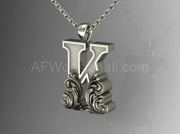 Scroll Letter K – Initial Letter Pendant in Fine Detail Polished Silver