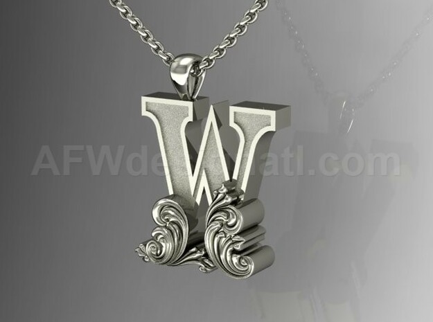 Scroll Letter W – Initial Letter Pendant in Fine Detail Polished Silver