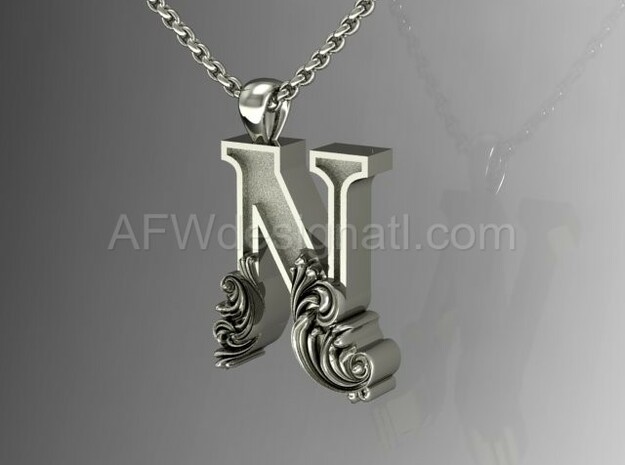 Scroll Letter N – Initial Letter Pendant in Fine Detail Polished Silver