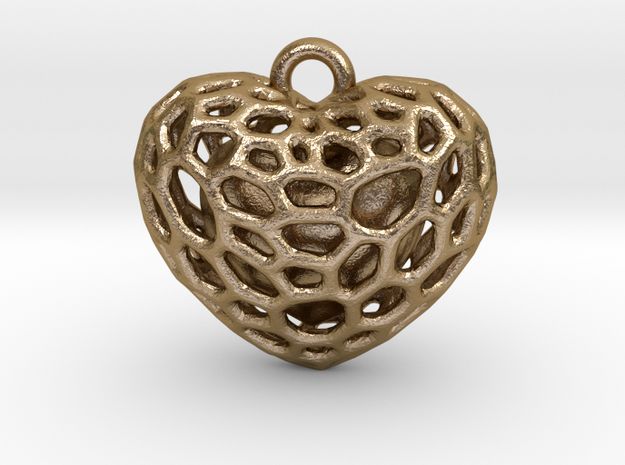 Voronoi heart with one heart inside in Polished Gold Steel: Medium
