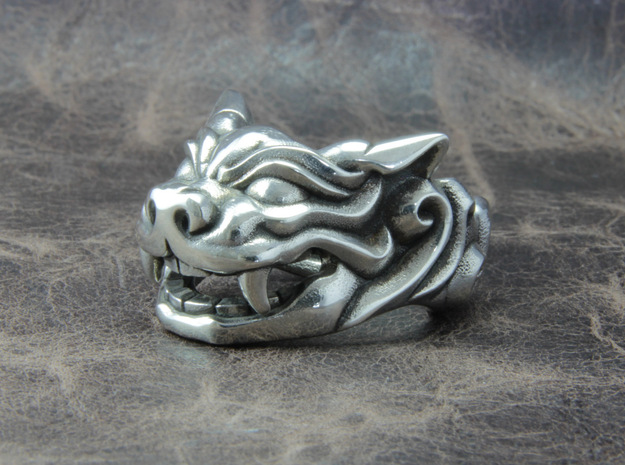 Fu Dog (Komainu) "a" Ring in Polished Silver: 10 / 61.5