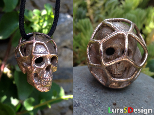 Double Skull Pendant in Polished Bronzed Silver Steel