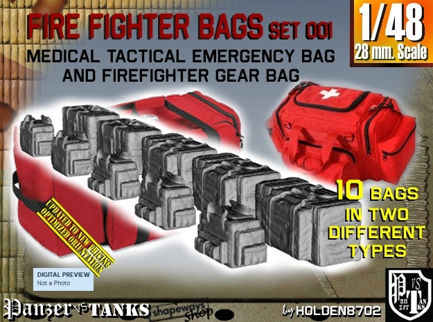 1/48 Med Tac Emerg-Firefight Gear Bag Set001 in Tan Fine Detail Plastic