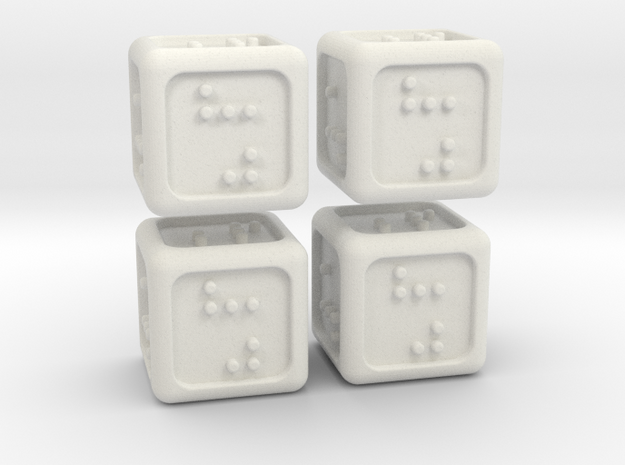 4 Braille Six-sided Dice Set (Curved Corners) in White Natural Versatile Plastic
