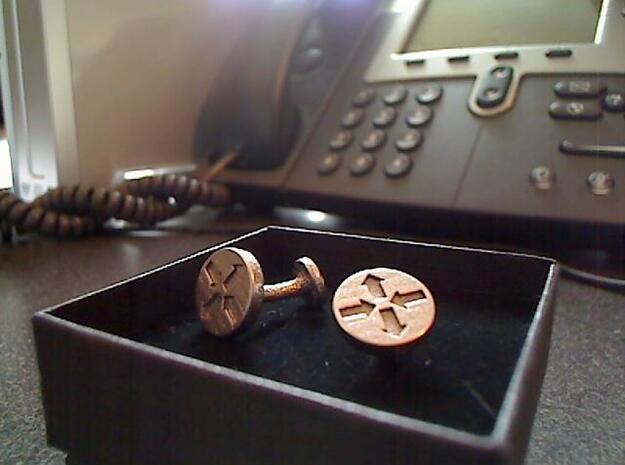 Router Puck Network Cuff Links in Polished Bronzed Silver Steel