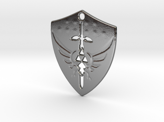 Zelda Triforce Hylian Shield Pendant in Polished Silver