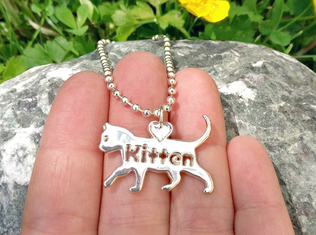 Kitten pendant, cat pendant, pet play pendant in Polished Silver
