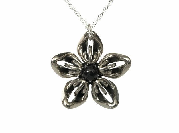 Black Onyx Transgender Flower Necklace in Polished Bronzed-Silver Steel
