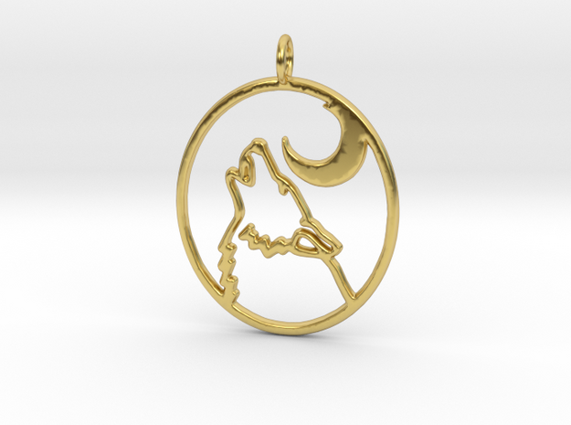 Wolf and moon pendant - precious in Polished Brass