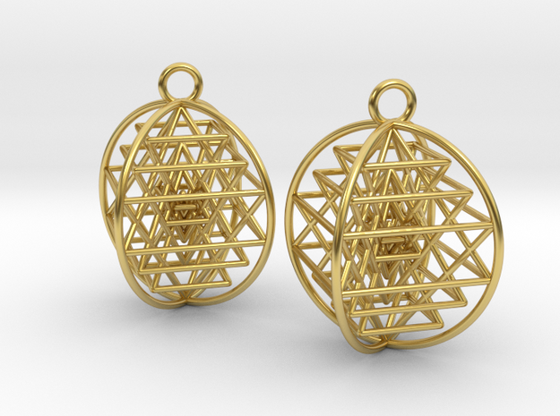 3D Sri Yantra Earrings 1"  in Polished Brass