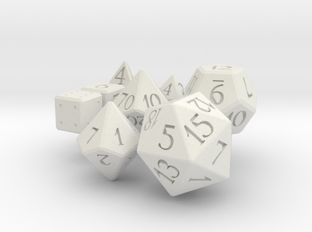 Full set of dice (d4,d6,d6,d8,d10,d00,d12,d20) in White Natural Versatile Plastic
