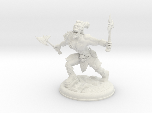 Orc with two Axes on 28mm Base in White Natural Versatile Plastic