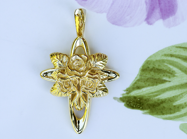 Small Gold rose cross Swedish floral jewelry in 14k Gold Plated Brass