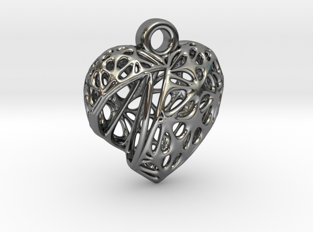 Voronoi Heart Pendant (001) in Fine Detail Polished Silver